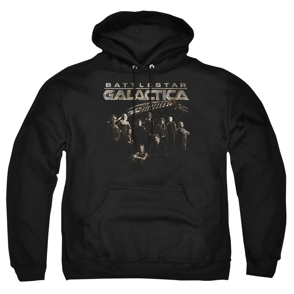 AN OFFCIALLY LICENSED BATTLESTAR GALACTICA BATTLE CAST ADULT UNISEX PULLOVER HOODIE BLACK