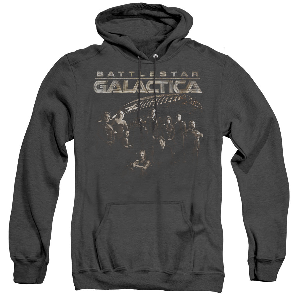 AN OFFCIALLY LICENSED BATTLESTAR GALACTICA BATTLE CAST ADULT UNISEX HEATHER PULLOVER HOODIE BLACK