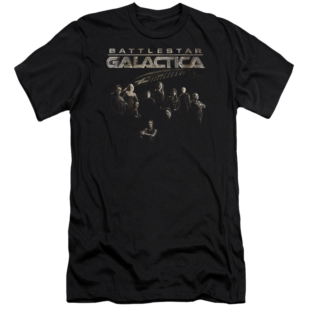 AN OFFCIALLY LICENSED BATTLESTAR GALACTICA BATTLE CAST MEN'S PREMIUM SLIM FIT T-SHIRT BLACK