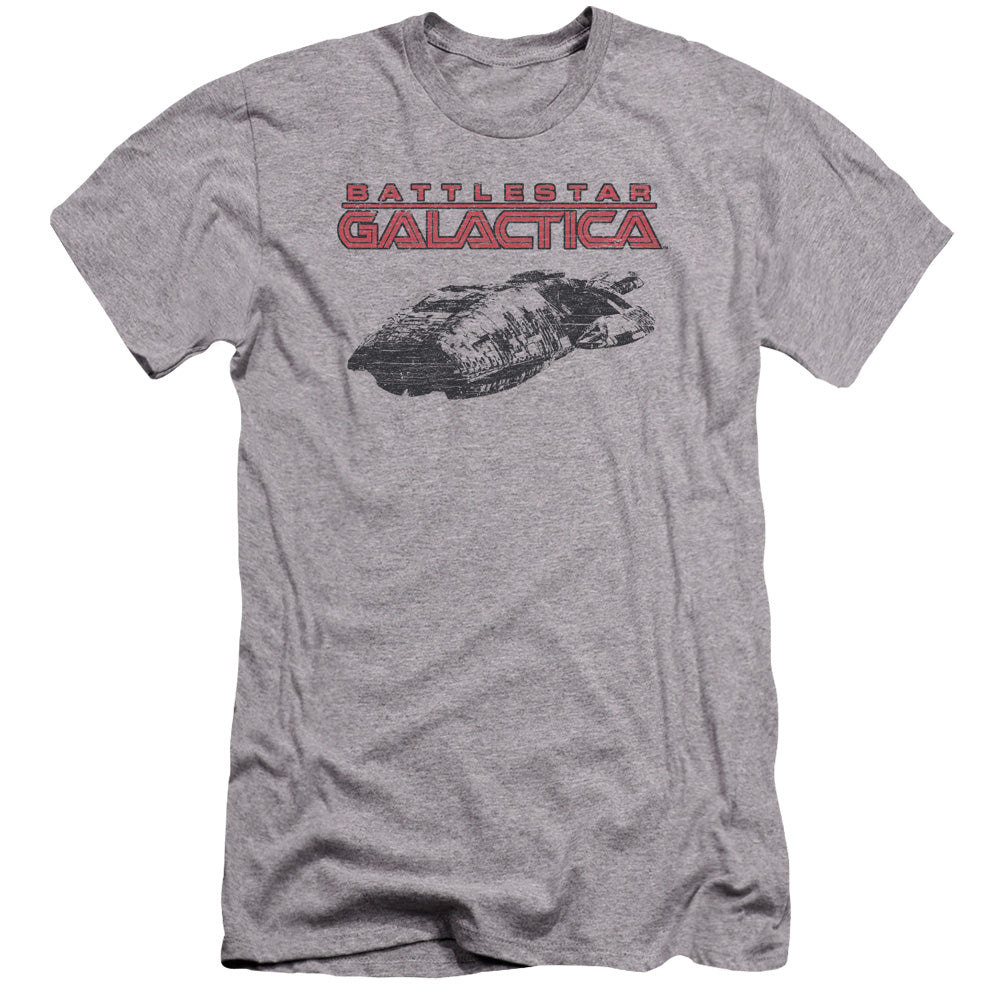 AN OFFCIALLY LICENSED BSG SHIP LOGO MEN'S PREMIUM SLIM FIT T-SHIRT ATHLETIC HEATHER