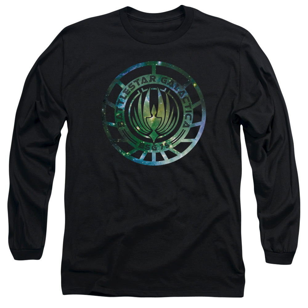AN OFFCIALLY LICENSED BATTLESTAR GALACTICA (NEW) GALAXY EMBLEM MEN'S LONG SLEEVE T-SHIRT BLACK