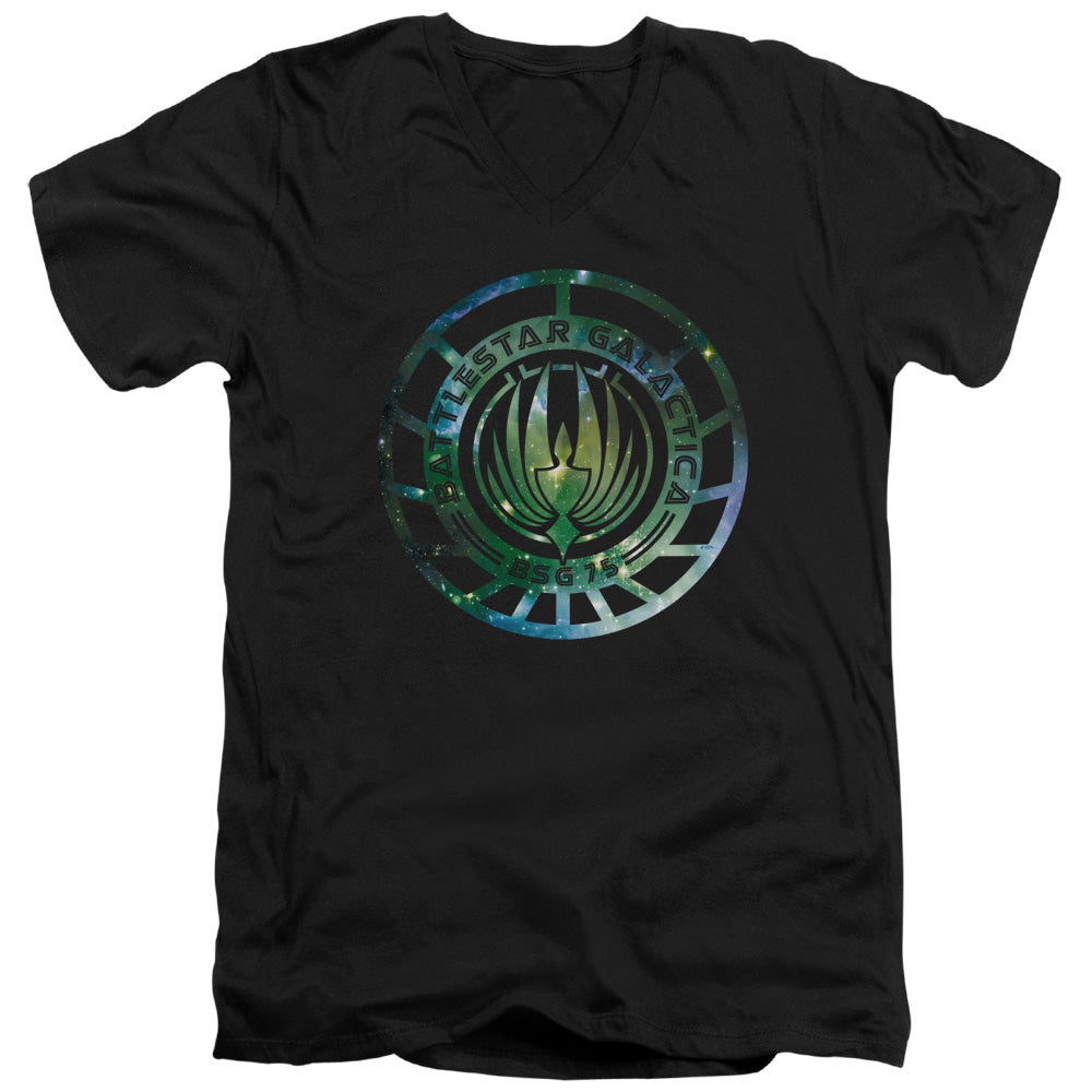 AN OFFCIALLY LICENSED BATTLESTAR GALACTICA (NEW) GALAXY EMBLEM MEN'S V-NECK T-SHIRT BLACK