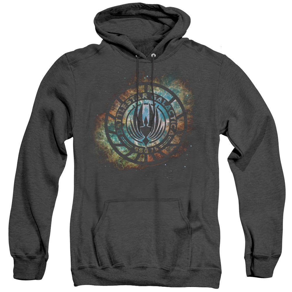 AN OFFCIALLY LICENSED BATTLESTAR GALACTICA (NEW) EMBLEM KNOCK-OUT ADULT UNISEX HEATHER PULLOVER HOODIE BLACK