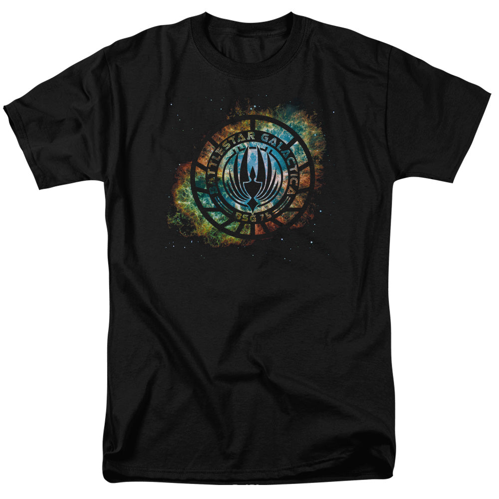AN OFFCIALLY LICENSED BATTLESTAR GALACTICA (NEW) EMBLEM KNOCK-OUT MEN'S REGULAR FIT T-SHIRT BLACK