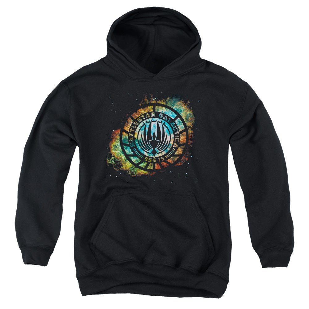 AN OFFCIALLY LICENSED BATTLESTAR GALACTICA (NEW) EMBLEM KNOCK-OUT YOUTH HOODIE BLACK