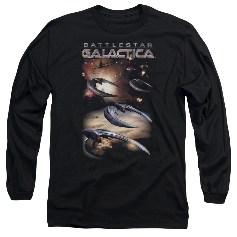 AN OFFCIALLY LICENSED BATTLESTAR GALACTICA (NEW) WHEN CYLONS ATTACK MEN'S LONG SLEEVE T-SHIRT BLACK