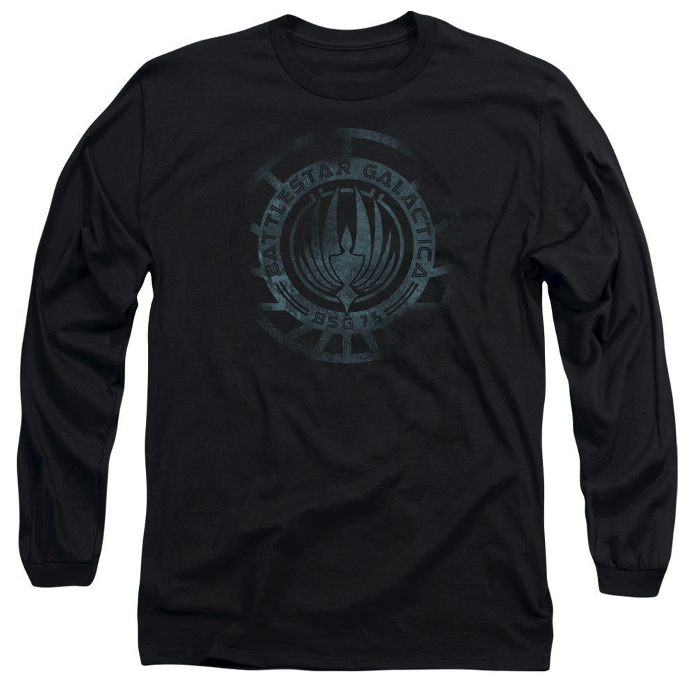 AN OFFCIALLY LICENSED BATTLESTAR GALACTICA (NEW) FADED EMBLEM MEN'S LONG SLEEVE T-SHIRT BLACK