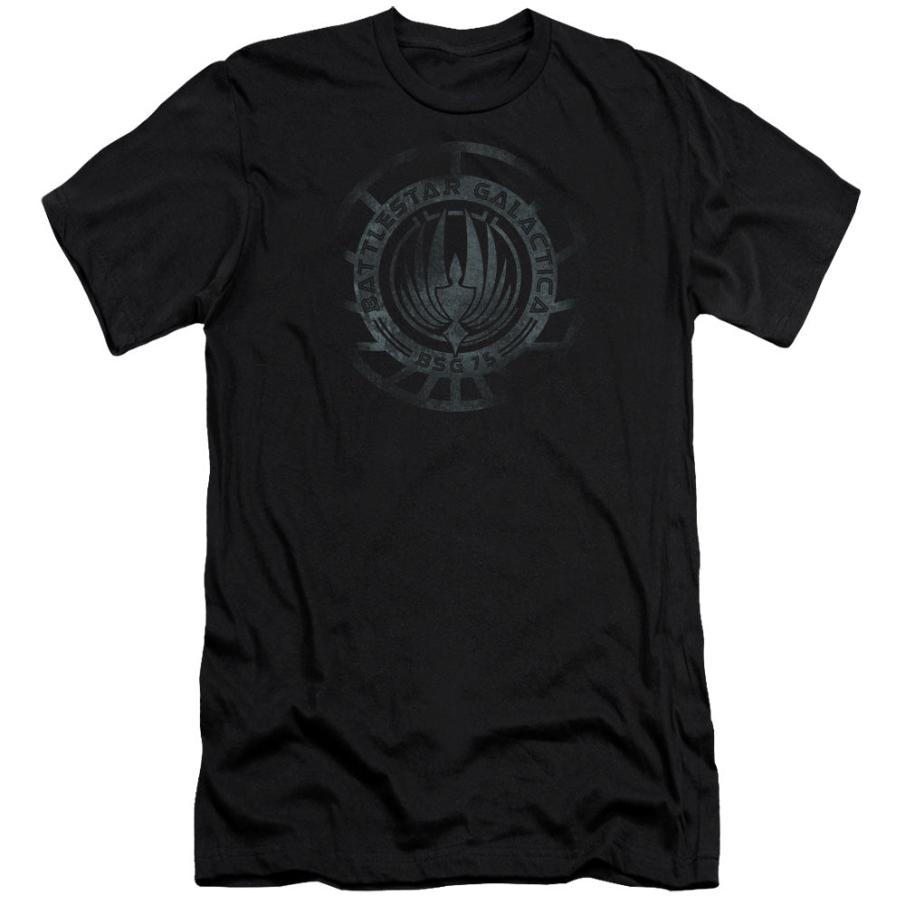 AN OFFCIALLY LICENSED BATTLESTAR GALACTICA (NEW) FADED EMBLEM MEN'S PREMIUM SLIM FIT T-SHIRT BLACK
