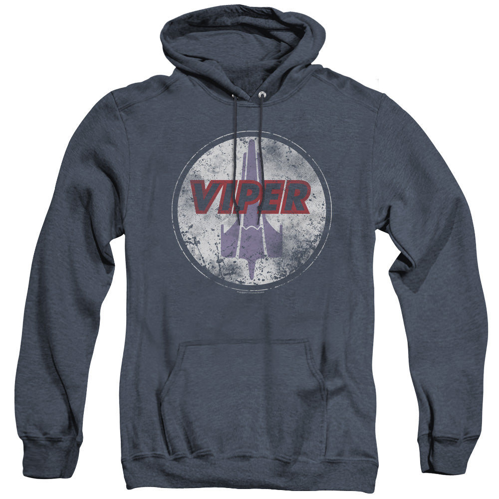 AN OFFCIALLY LICENSED BSG WAR TORN VIPER LOGO ADULT UNISEX HEATHER PULLOVER HOODIE NAVY