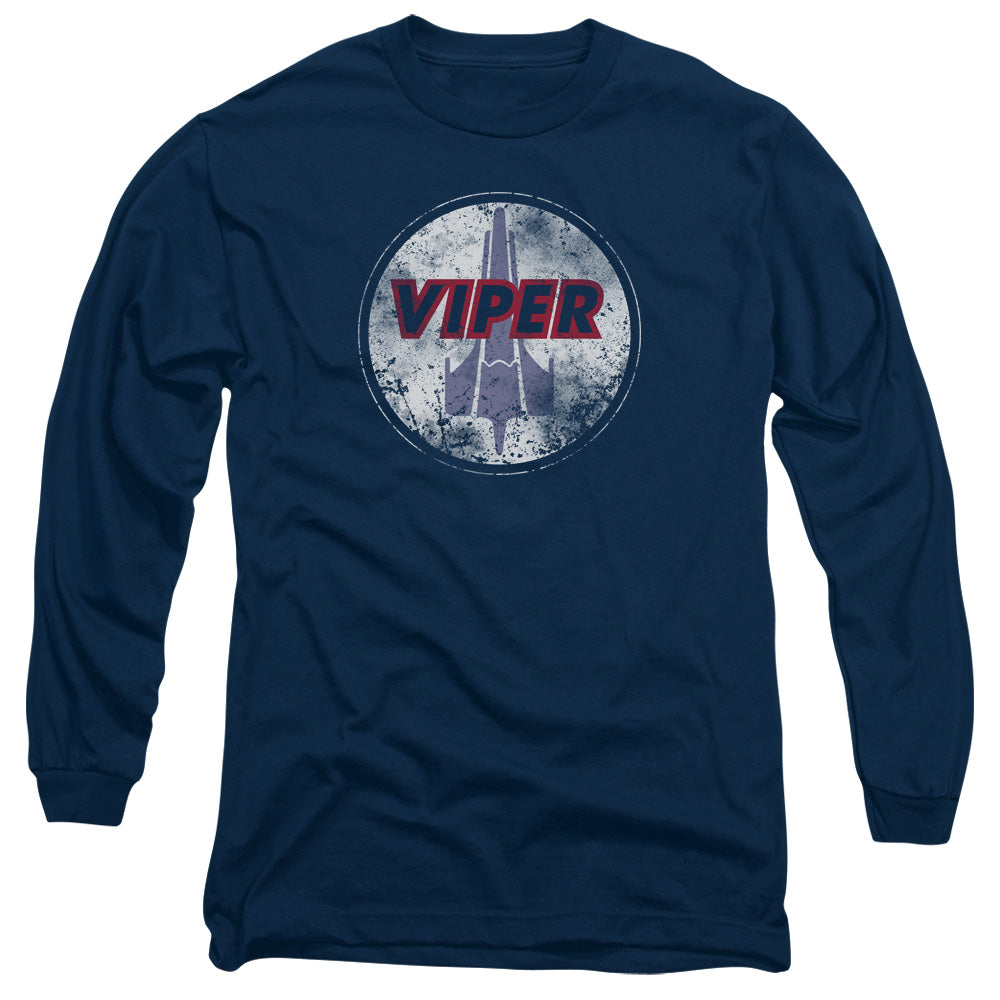 AN OFFCIALLY LICENSED BSG WAR TORN VIPER LOGO MEN'S LONG SLEEVE T-SHIRT NAVY
