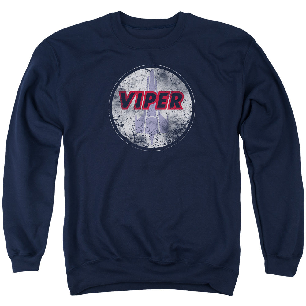 AN OFFCIALLY LICENSED BSG WAR TORN VIPER LOGO ADULT UNISEX CREWNECK SWEATSHIRT NAVY