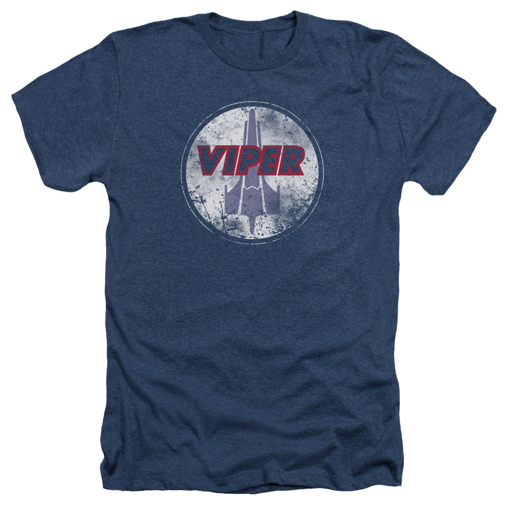 AN OFFCIALLY LICENSED BSG WAR TORN VIPER LOGO MEN'S HEATHER T-SHIRT NAVY