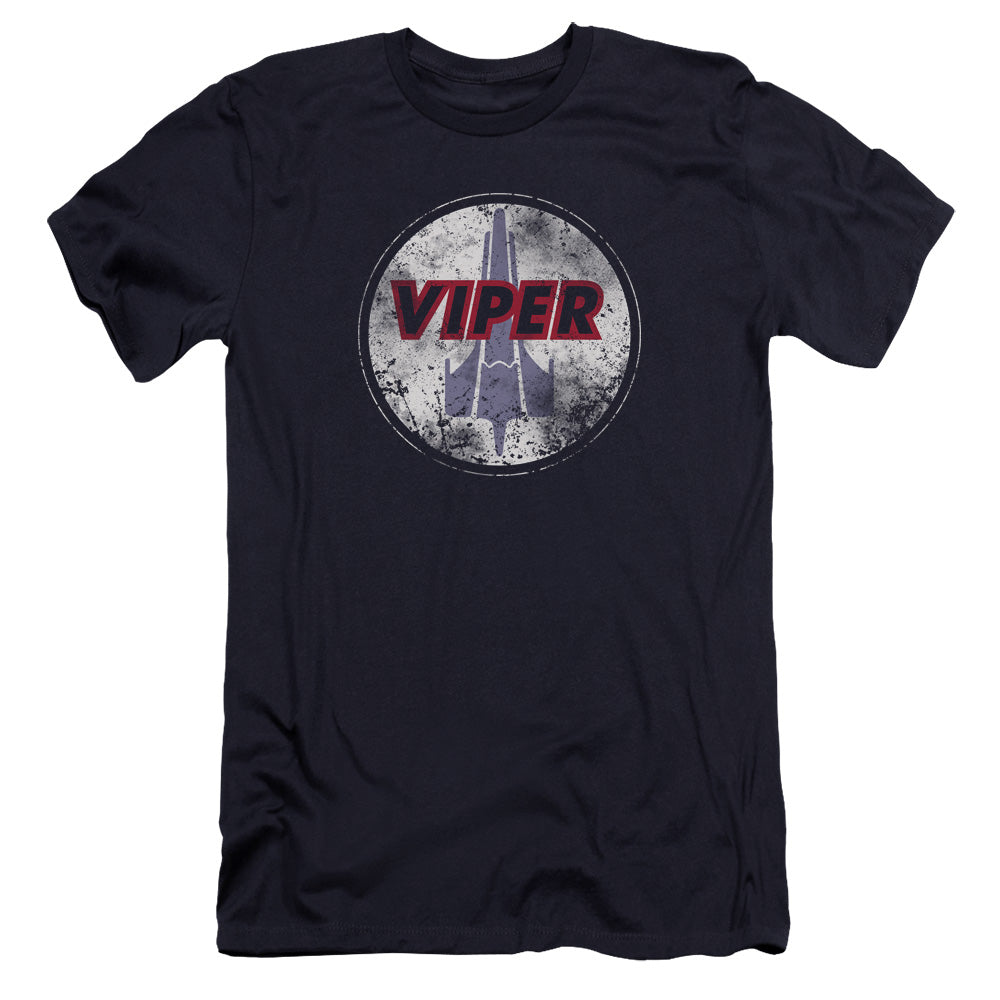 AN OFFCIALLY LICENSED BSG WAR TORN VIPER LOGO MEN'S PREMIUM SLIM FIT T-SHIRT NAVY
