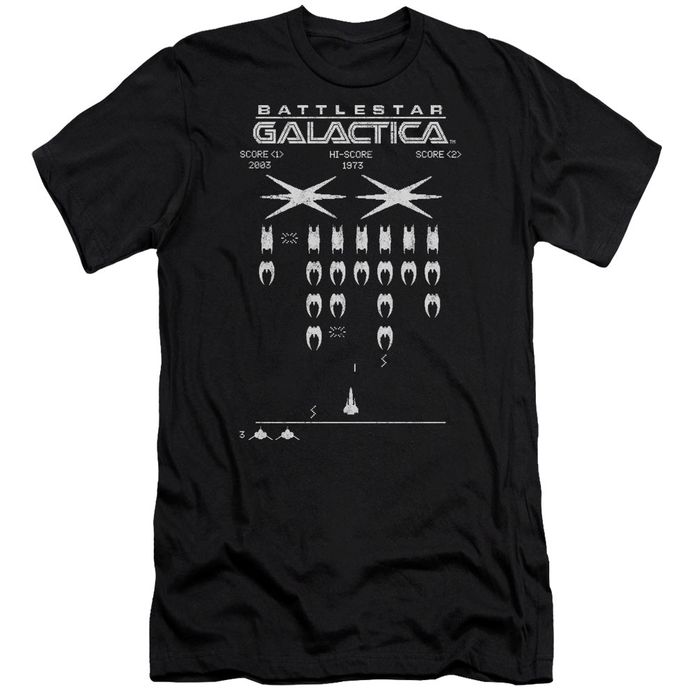 AN OFFCIALLY LICENSED BSG GALACTIC INVADERS MEN'S PREMIUM SLIM FIT T-SHIRT BLACK