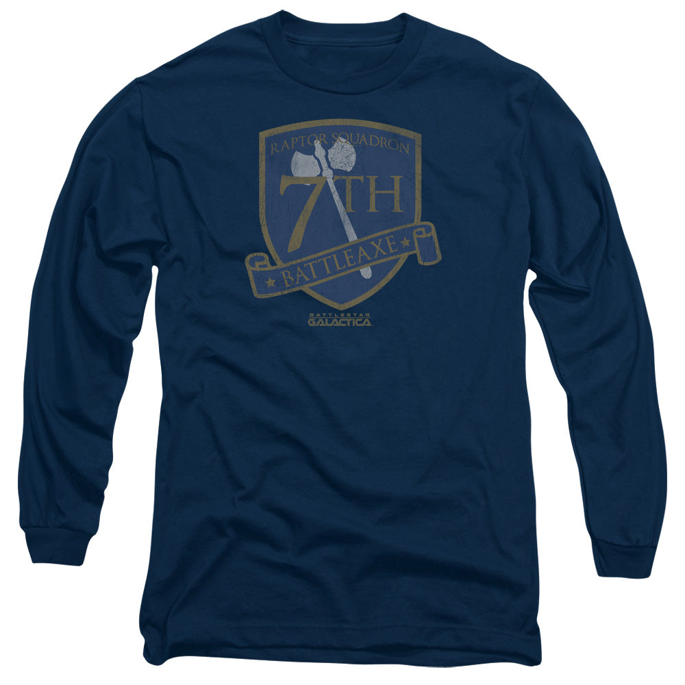 AN OFFCIALLY LICENSED BSG BATTLEAXE BADGE MEN'S LONG SLEEVE T-SHIRT NAVY