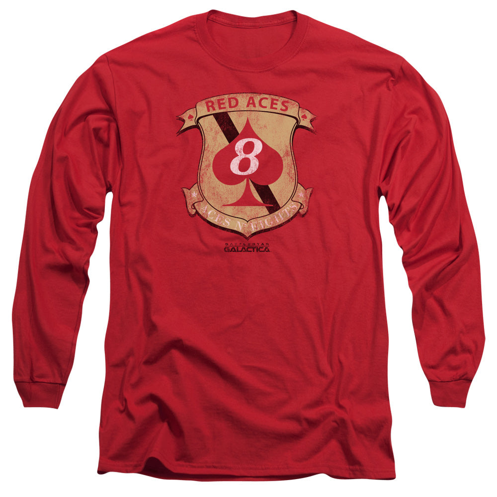 AN OFFCIALLY LICENSED BSG RED ACES BADGE MEN'S LONG SLEEVE T-SHIRT RED