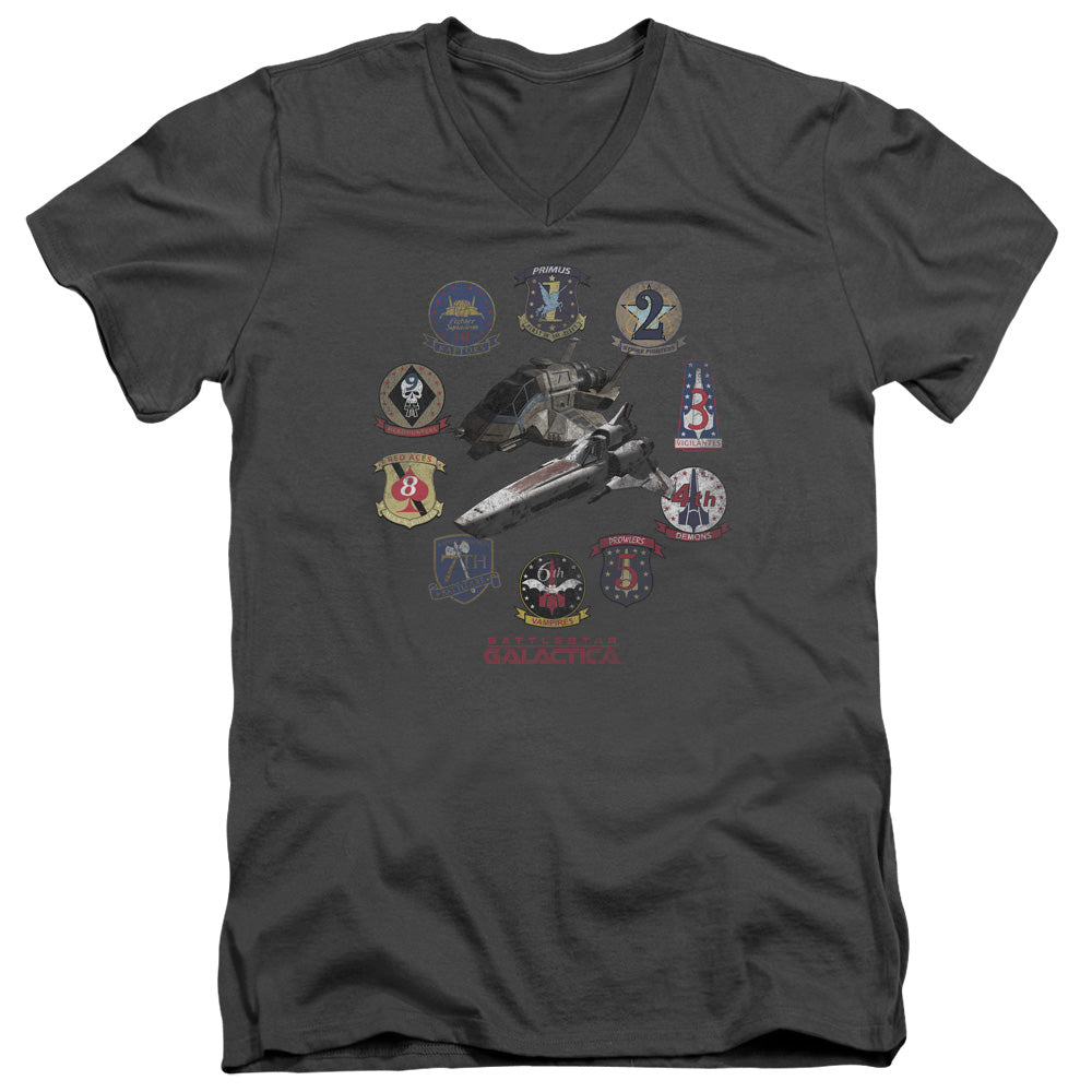 AN OFFCIALLY LICENSED BSG BADGES MEN'S V-NECK T-SHIRT CHARCOAL