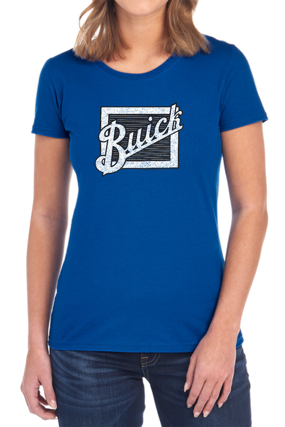 AN OFFCIALLY LICENSED BUICK DISTRESSED EMBLEM WOMEN'S REGULAR FIT T-SHIRT ROYAL