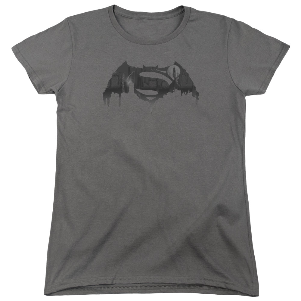 AN OFFCIALLY LICENSED BATMAN V SUPERMAN CITYSCAPE LOGO WOMEN'S REGULAR FIT T-SHIRT CHARCOAL