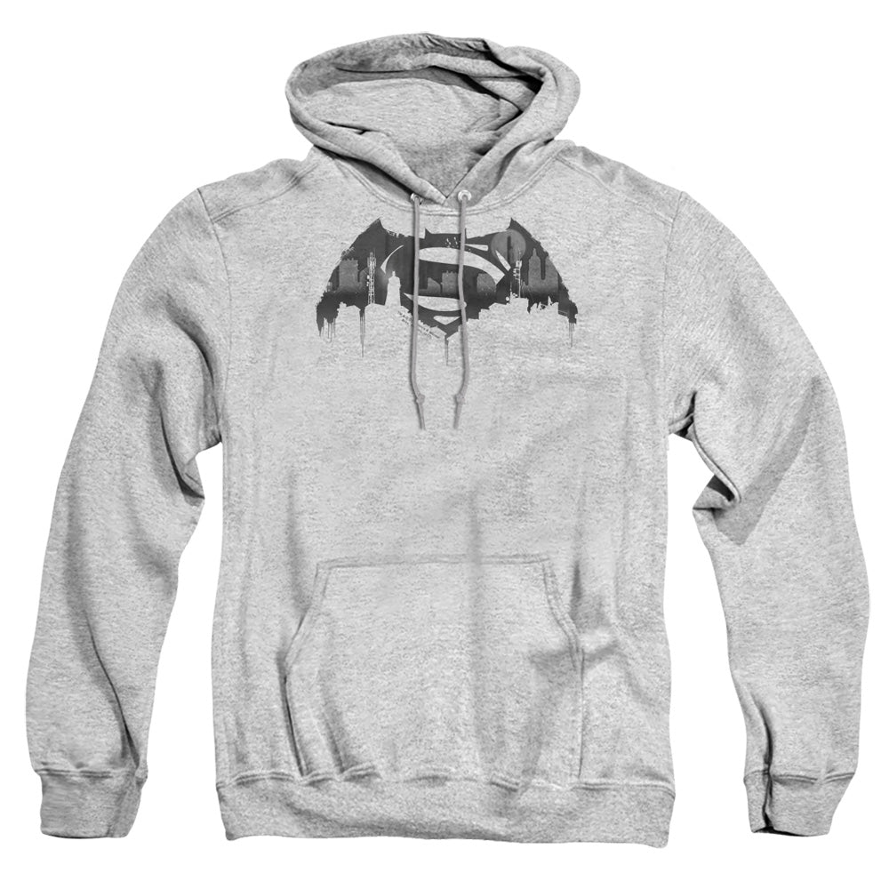 AN OFFCIALLY LICENSED BATMAN V SUPERMAN CITYSCAPE LOGO ADULT UNISEX PULLOVER HOODIE ATHLETIC HEATHER