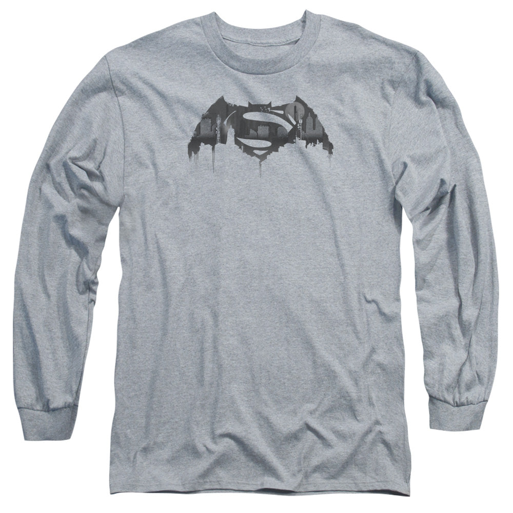AN OFFCIALLY LICENSED BATMAN V SUPERMAN CITYSCAPE LOGO MEN'S LONG SLEEVE T-SHIRT ATHLETIC HEATHER