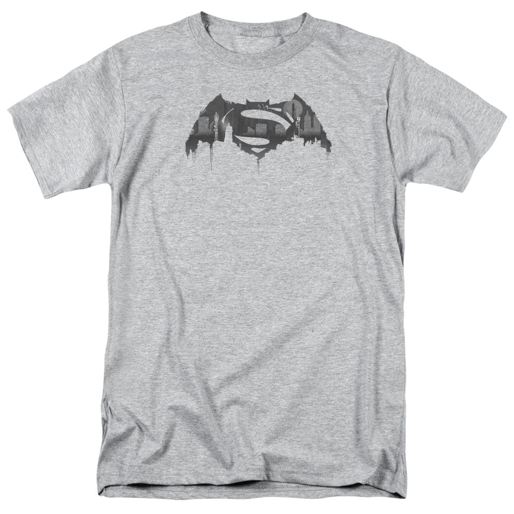 AN OFFCIALLY LICENSED BATMAN V SUPERMAN CITYSCAPE LOGO MEN'S REGULAR FIT T-SHIRT ATHLETIC HEATHER
