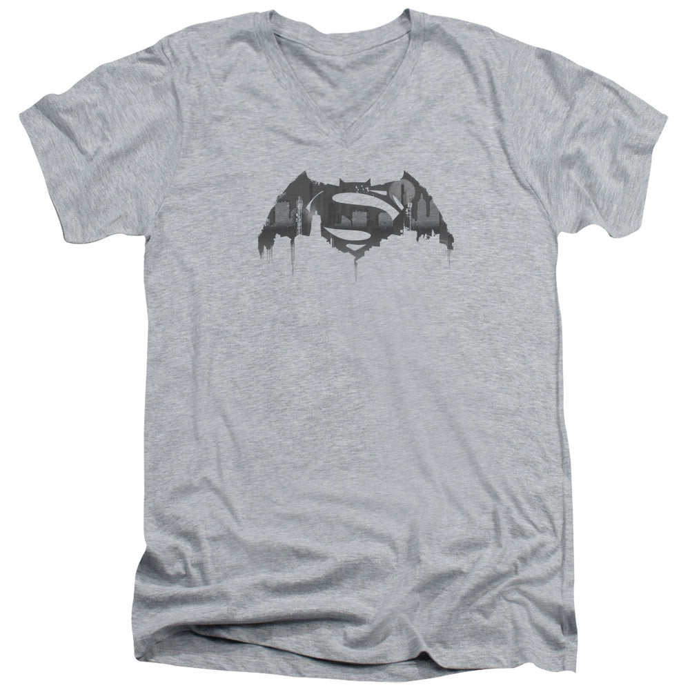 AN OFFCIALLY LICENSED BATMAN V SUPERMAN CITYSCAPE LOGO MEN'S V-NECK T-SHIRT ATHLETIC HEATHER
