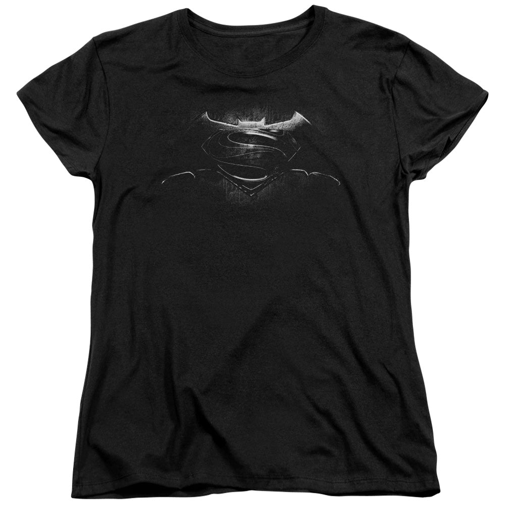 AN OFFCIALLY LICENSED BATMAN V SUPERMAN BW LOGO WOMEN'S REGULAR FIT T-SHIRT BLACK