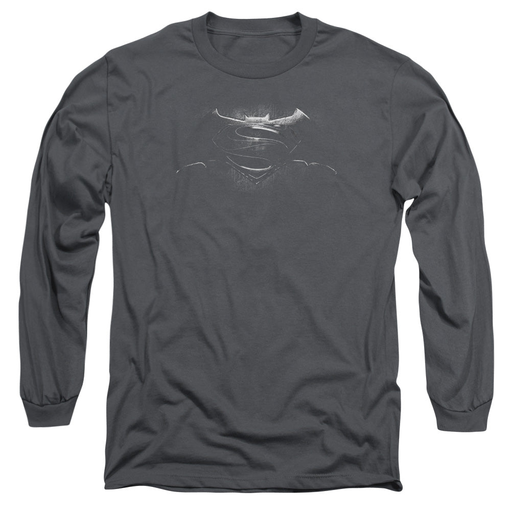 AN OFFCIALLY LICENSED BATMAN V SUPERMAN BW LOGO MEN'S LONG SLEEVE T-SHIRT CHARCOAL