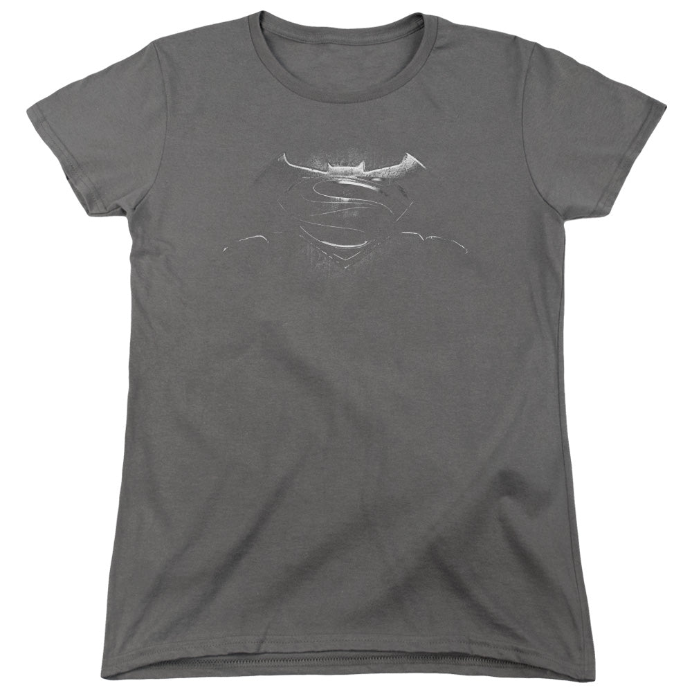 AN OFFCIALLY LICENSED BATMAN V SUPERMAN BW LOGO WOMEN'S REGULAR FIT T-SHIRT CHARCOAL