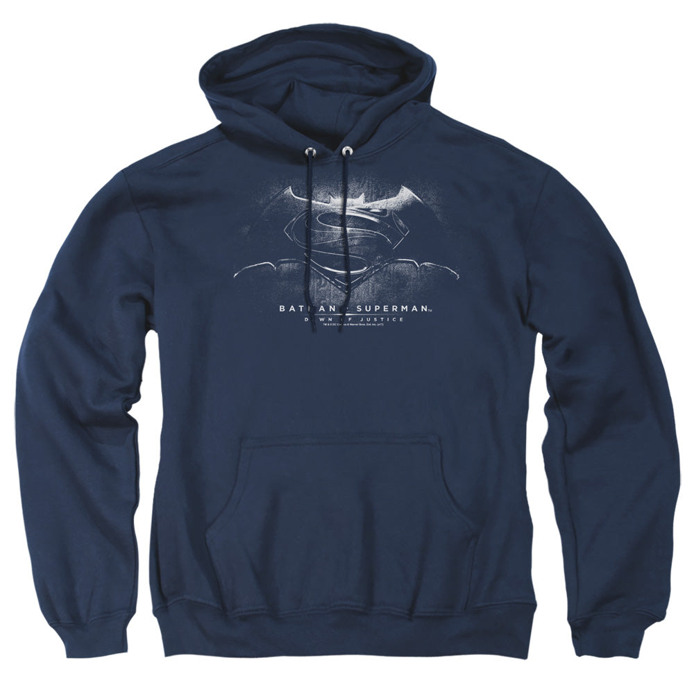 AN OFFCIALLY LICENSED BATMAN V SUPERMAN BW LOGO ADULT UNISEX PULLOVER HOODIE NAVY