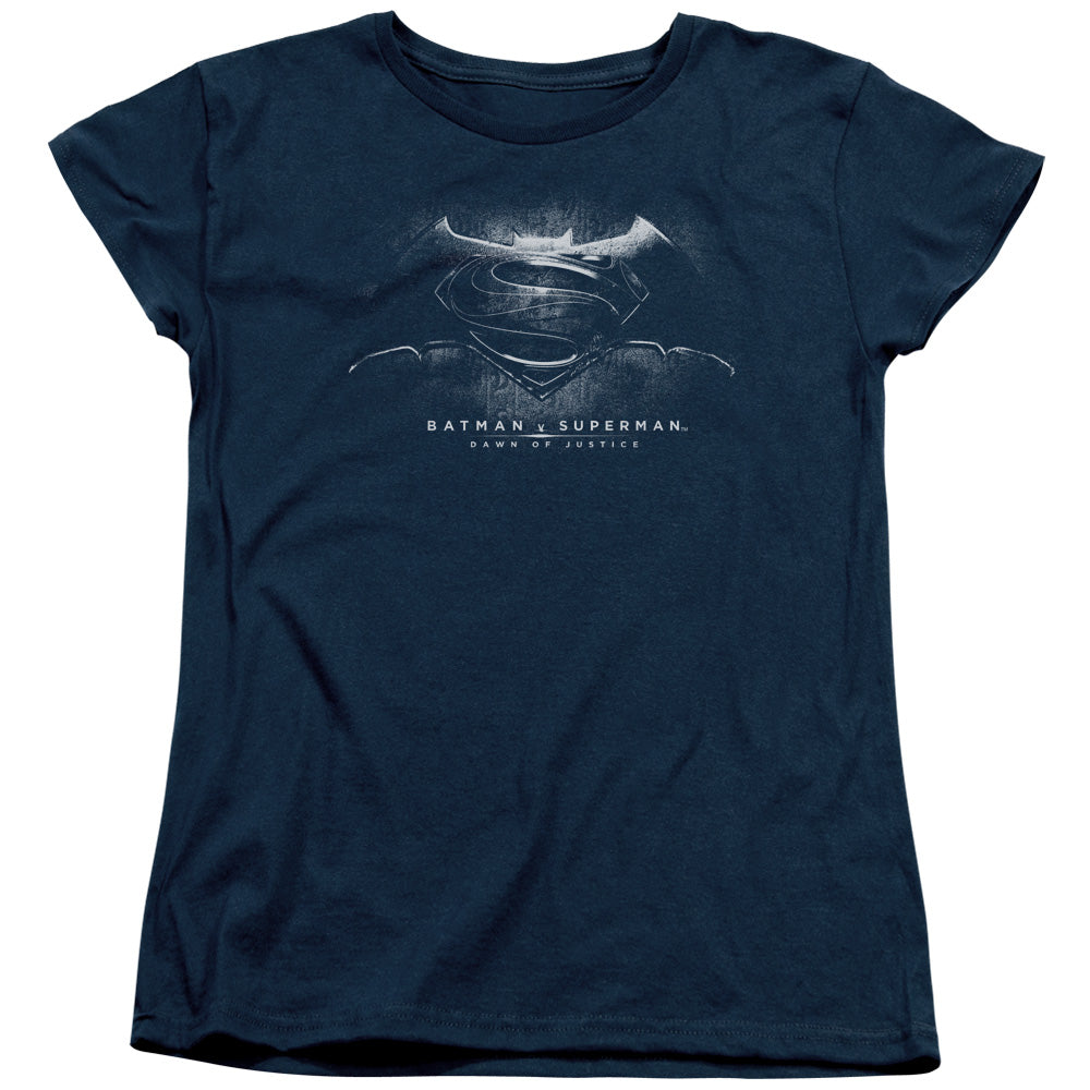 AN OFFCIALLY LICENSED BATMAN V SUPERMAN BW LOGO WOMEN'S REGULAR FIT T-SHIRT NAVY