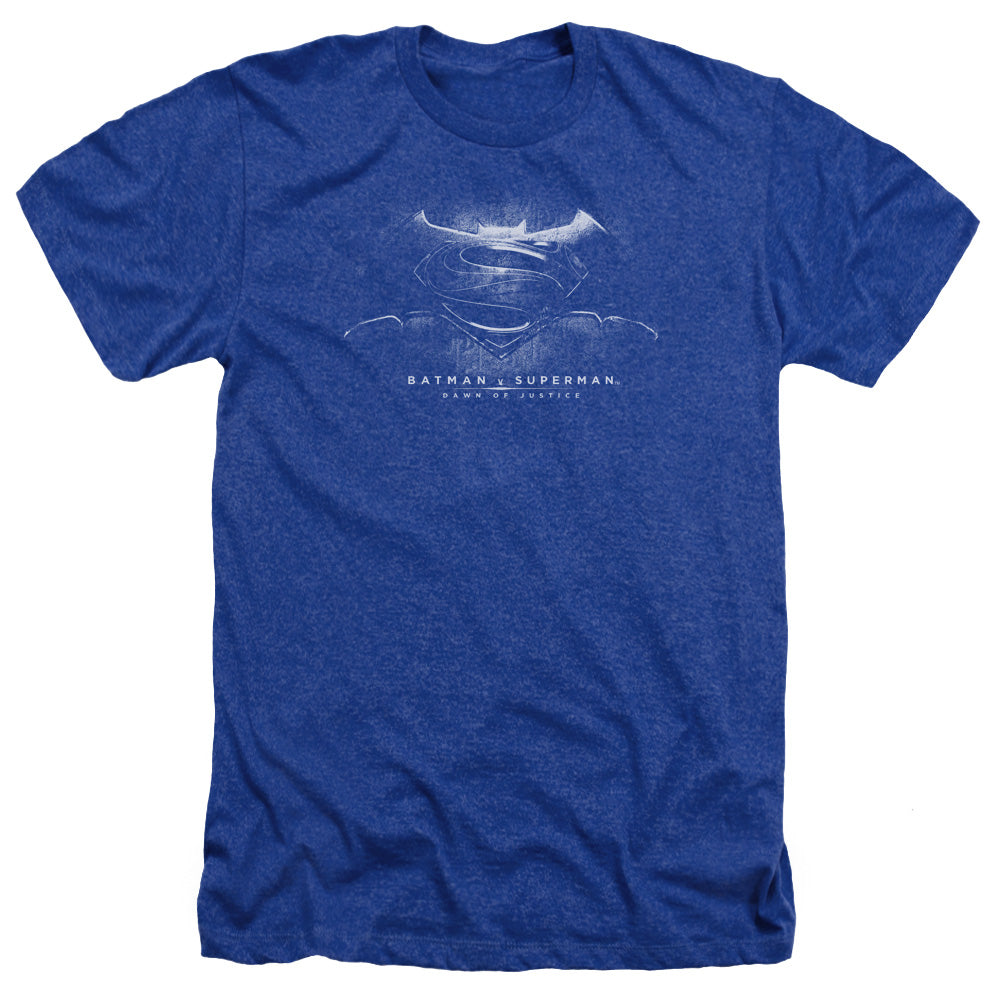 AN OFFCIALLY LICENSED BATMAN V SUPERMAN BW LOGO MEN'S HEATHER T-SHIRT ROYAL