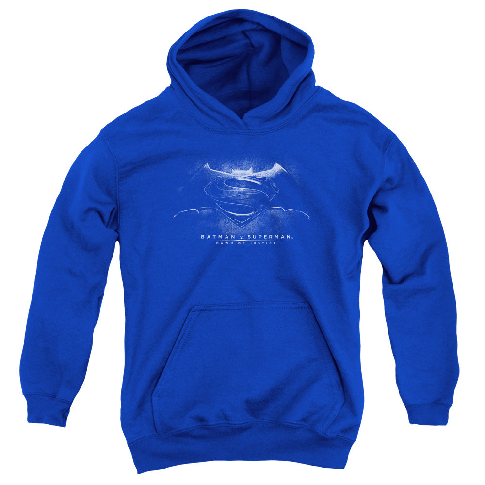 AN OFFCIALLY LICENSED BATMAN V SUPERMAN BW LOGO YOUTH HOODIE ROYAL