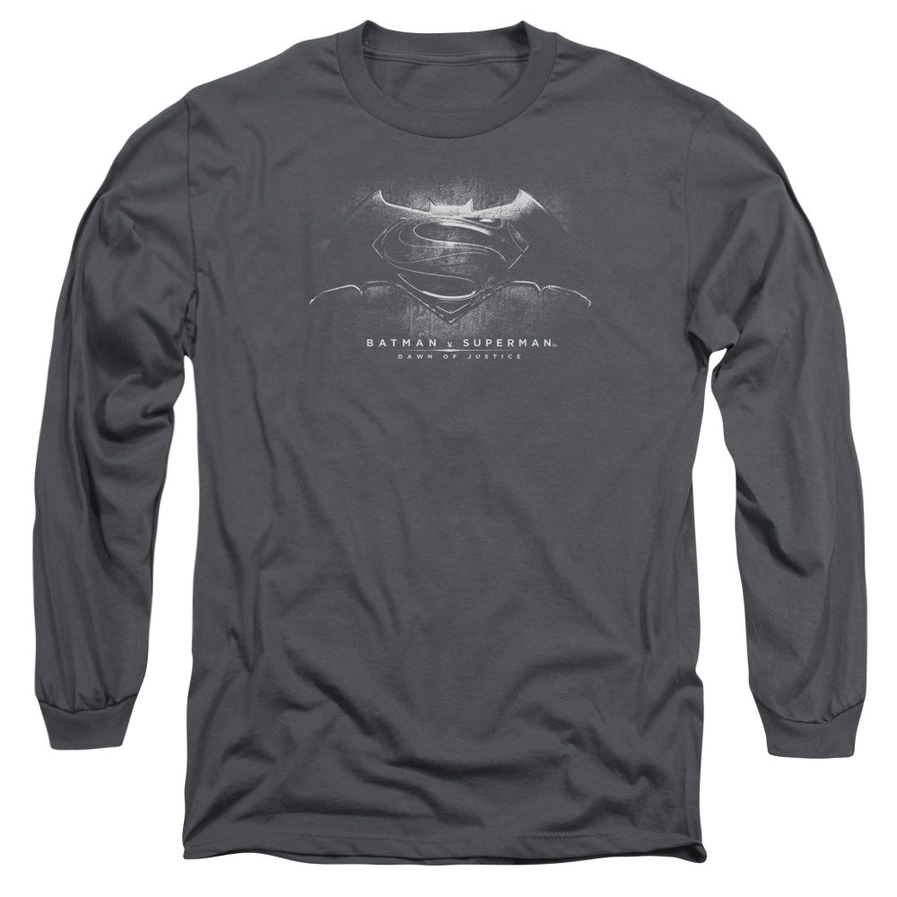 AN OFFCIALLY LICENSED BATMAN V SUPERMAN BW LOGO MEN'S LONG SLEEVE T-SHIRT CHARCOAL