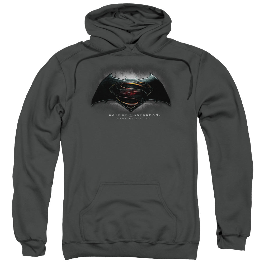 AN OFFCIALLY LICENSED BATMAN V SUPERMAN LOGO ADULT UNISEX PULLOVER HOODIE CHARCOAL