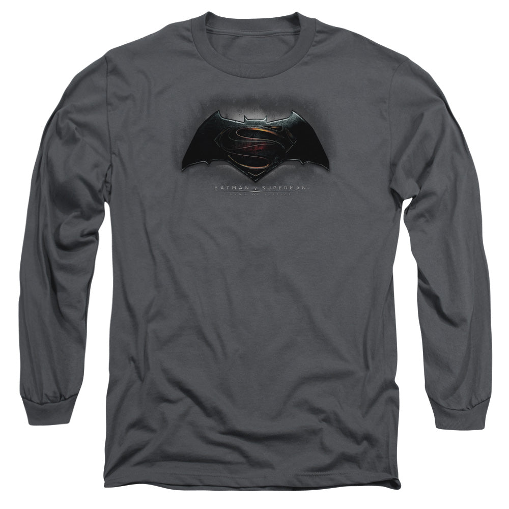 AN OFFCIALLY LICENSED BATMAN V SUPERMAN LOGO MEN'S LONG SLEEVE T-SHIRT CHARCOAL