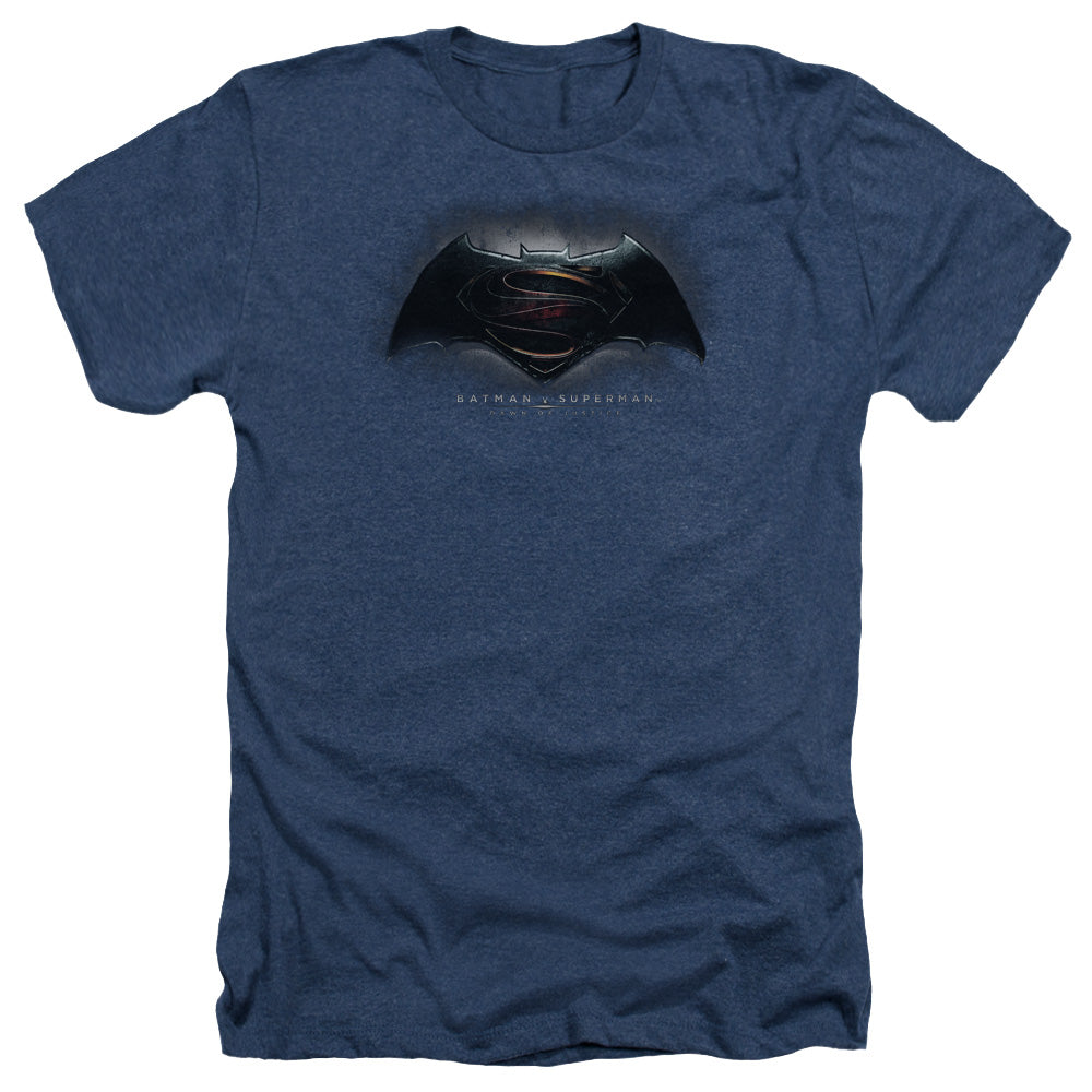 AN OFFCIALLY LICENSED BATMAN V SUPERMAN LOGO MEN'S HEATHER T-SHIRT NAVY