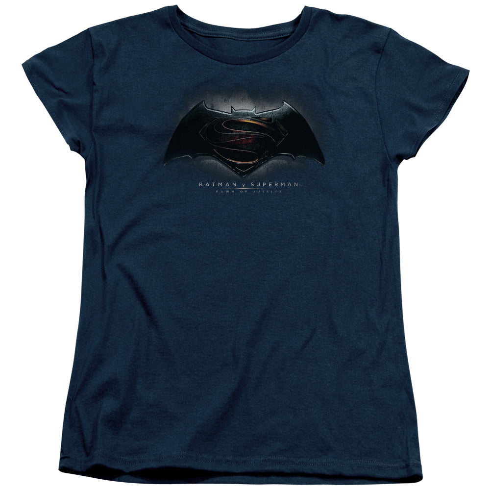 AN OFFCIALLY LICENSED BATMAN V SUPERMAN LOGO WOMEN'S REGULAR FIT T-SHIRT NAVY