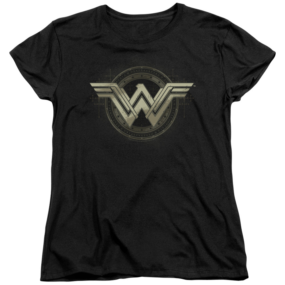 AN OFFCIALLY LICENSED BATMAN V SUPERMAN ANCIENT EMBLEMS WOMEN'S REGULAR FIT T-SHIRT BLACK