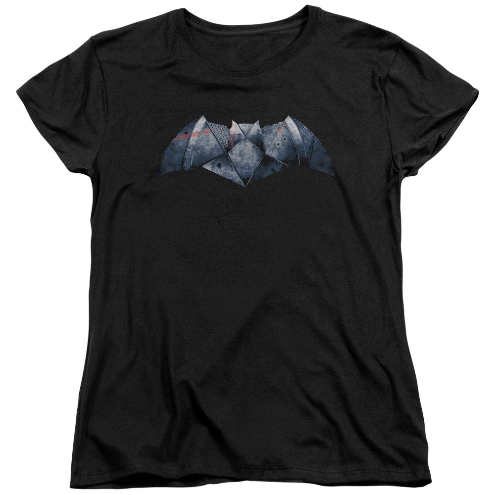 AN OFFCIALLY LICENSED BATMAN V SUPERMAN PLATED BAT LOGO WOMEN'S REGULAR FIT T-SHIRT BLACK