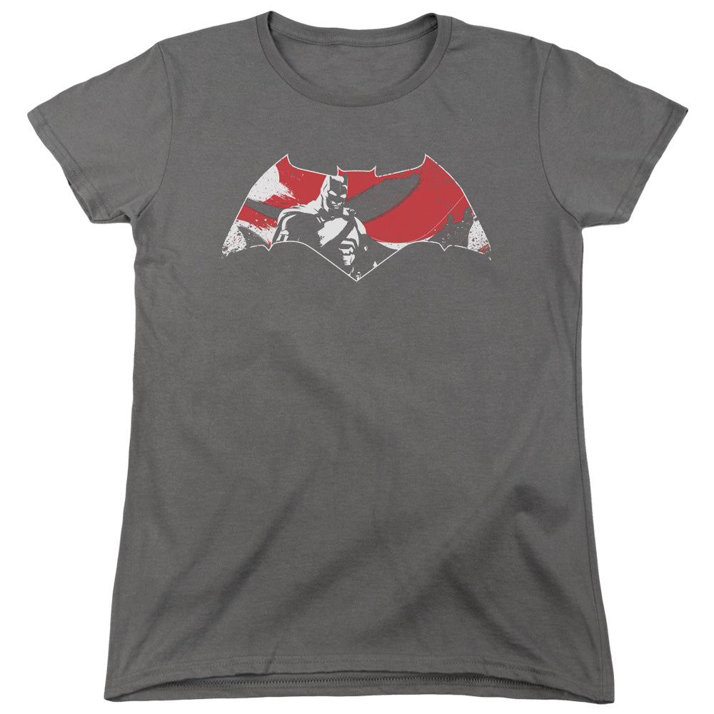 AN OFFCIALLY LICENSED BATMAN V SUPERMAN ARMOR SPLATTER LOGO WOMEN'S REGULAR FIT T-SHIRT CHARCOAL