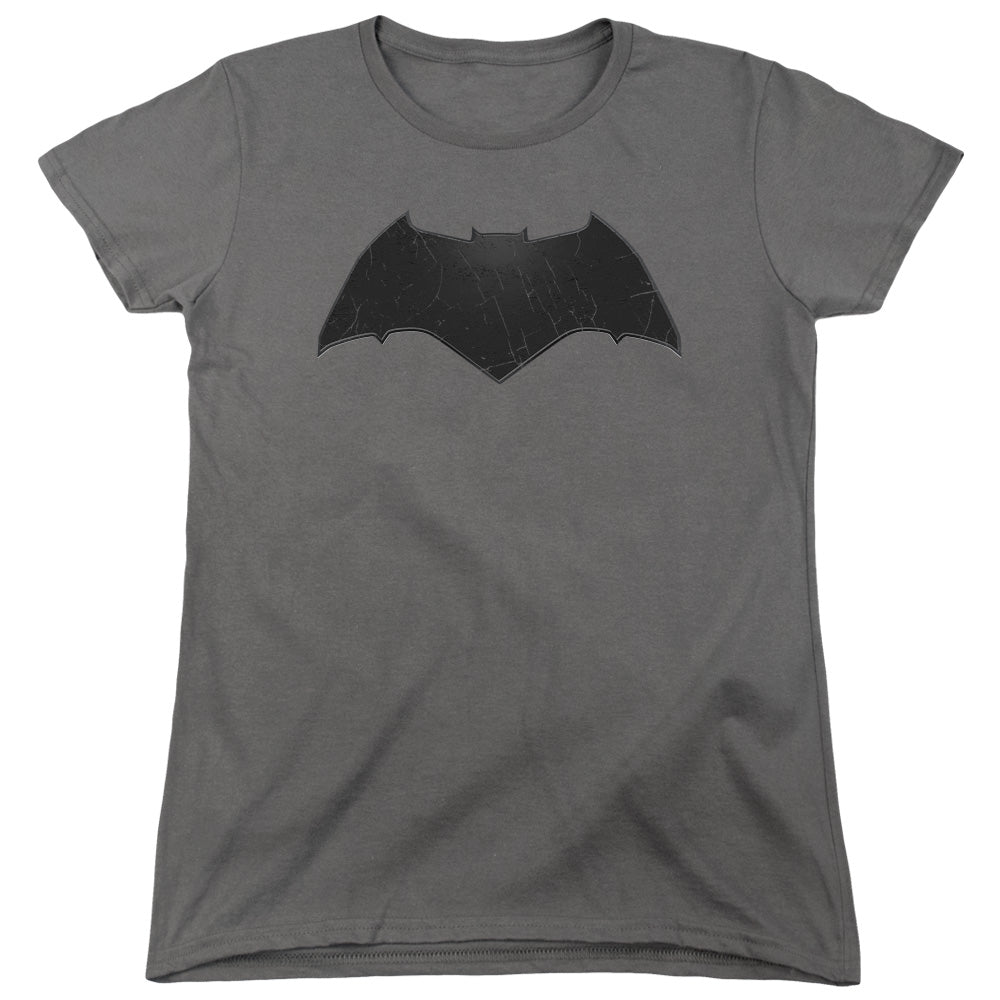 AN OFFCIALLY LICENSED BATMAN V SUPERMAN BEVELED BAT LOGO WOMEN'S REGULAR FIT T-SHIRT CHARCOAL