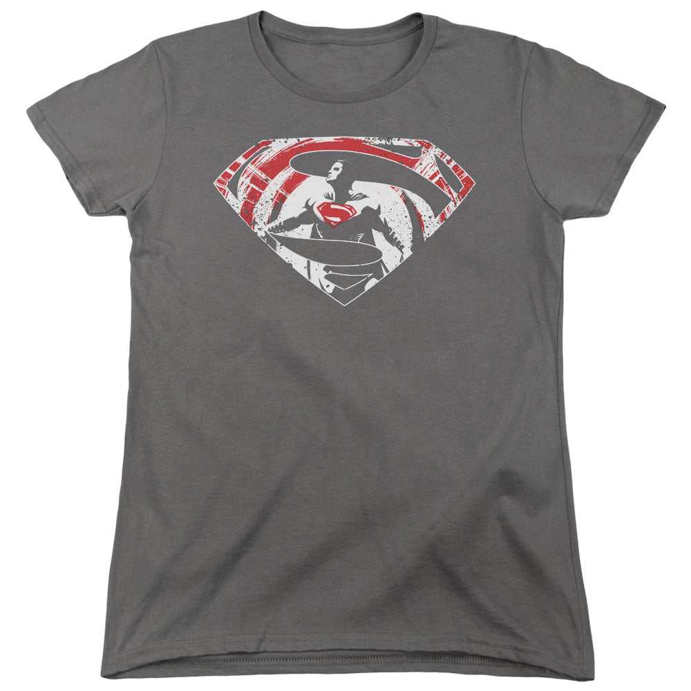 AN OFFCIALLY LICENSED BATMAN V SUPERMAN SUPER SPLATTER LOGO WOMEN'S REGULAR FIT T-SHIRT CHARCOAL