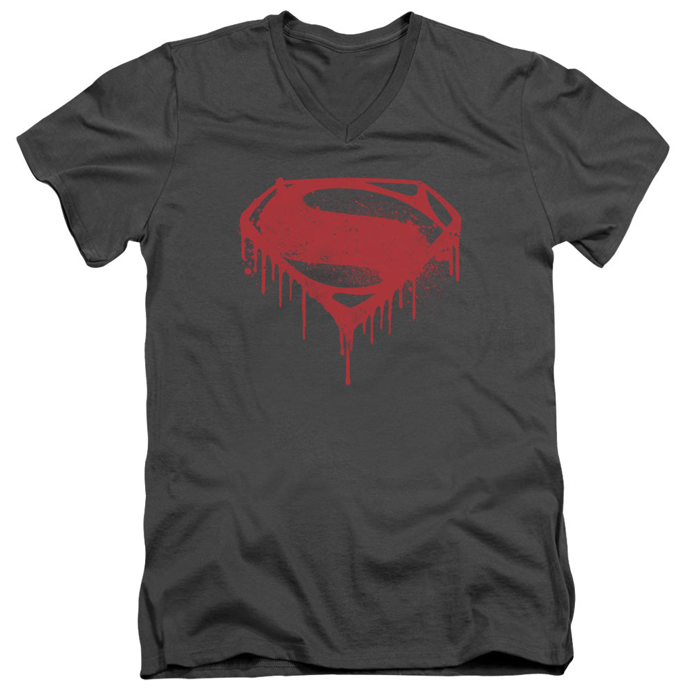 AN OFFCIALLY LICENSED BATMAN V SUPERMAN SPLATTERED MEN'S V-NECK T-SHIRT CHARCOAL