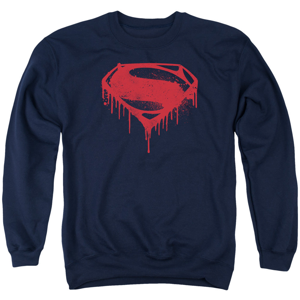 AN OFFCIALLY LICENSED BATMAN V SUPERMAN SPLATTERED ADULT UNISEX CREWNECK SWEATSHIRT NAVY