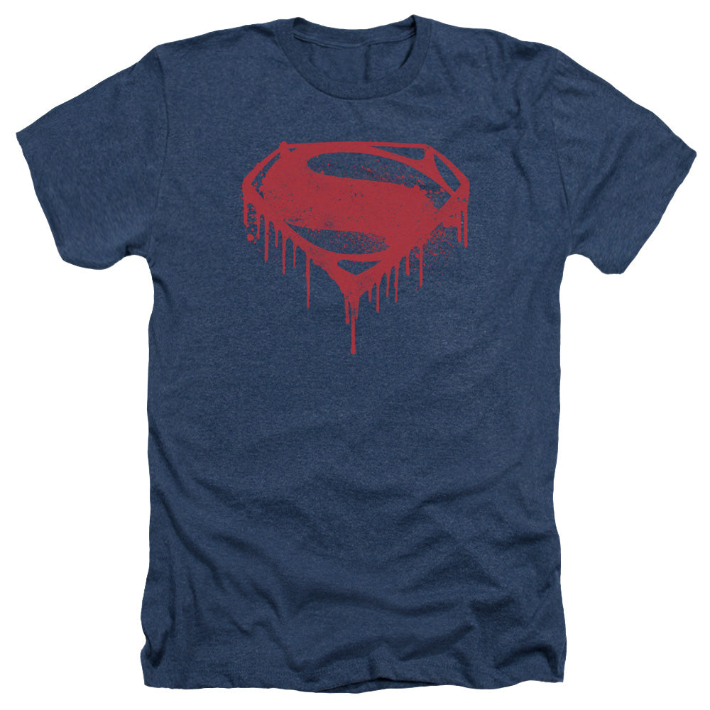 AN OFFCIALLY LICENSED BATMAN V SUPERMAN SPLATTERED MEN'S HEATHER T-SHIRT NAVY