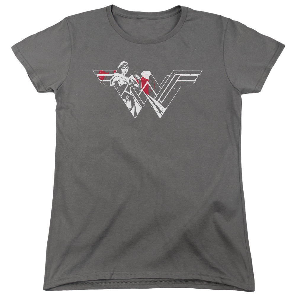 AN OFFCIALLY LICENSED BATMAN V SUPERMAN WONDER SPLATTER LOGO WOMEN'S REGULAR FIT T-SHIRT CHARCOAL
