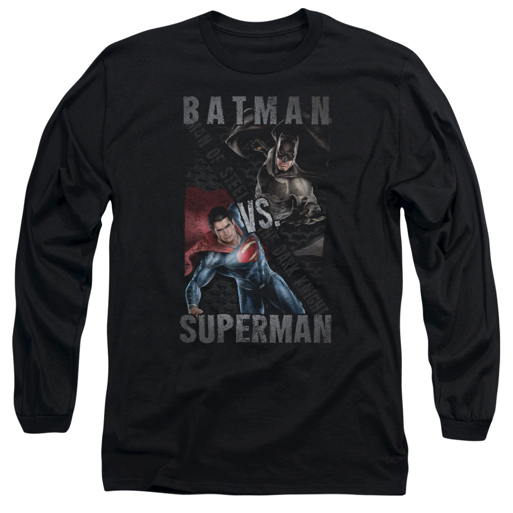 AN OFFCIALLY LICENSED BATMAN VS SUPERMAN HERO SPLIT MEN'S LONG SLEEVE T-SHIRT BLACK