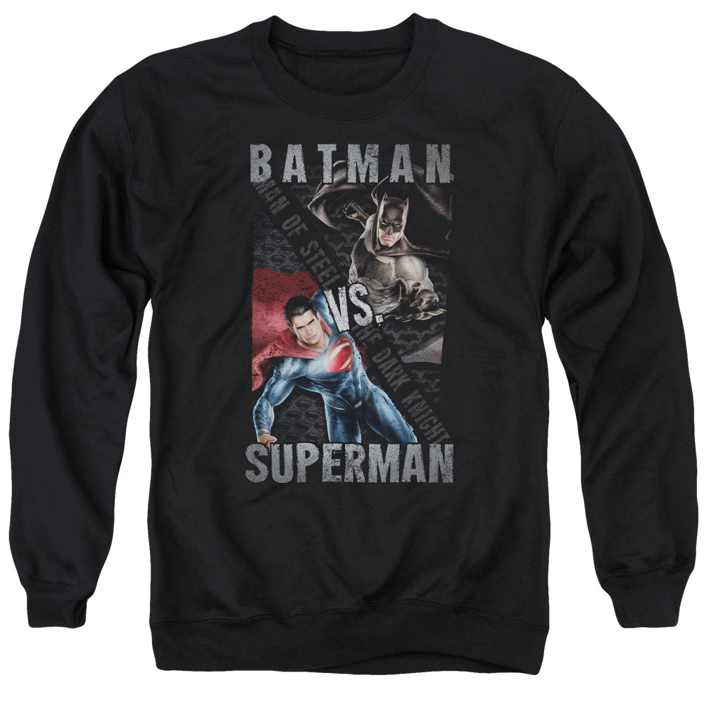 AN OFFCIALLY LICENSED BATMAN VS SUPERMAN HERO SPLIT ADULT UNISEX CREWNECK SWEATSHIRT BLACK